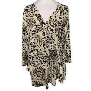 Clara Sun Woo Womens XL Black & Cream Leaf Floral Print Wrap Tie Mature Top